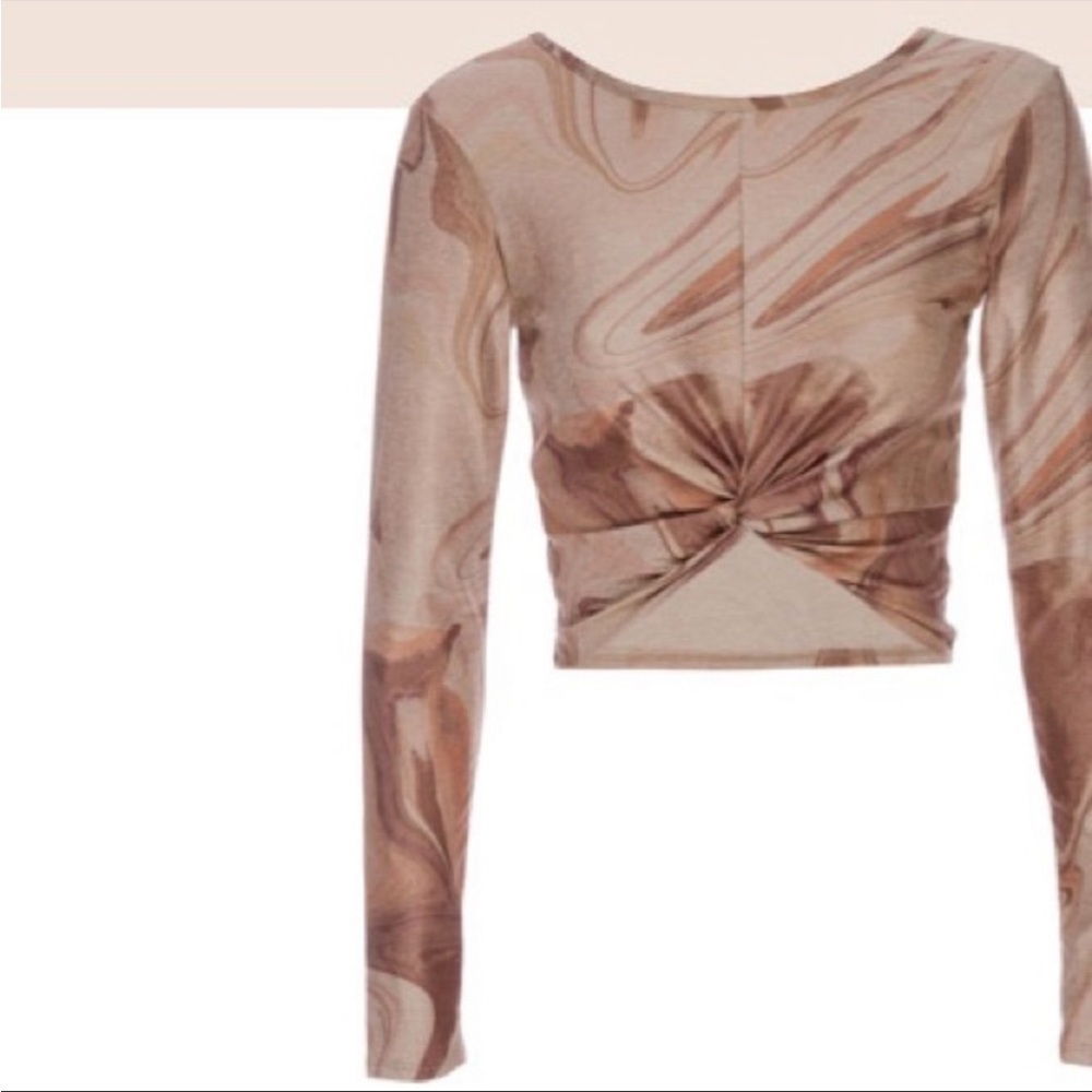 Beyond Yoga Marble-Print Long Sleeve Twist Crop Top in Beige and Brown